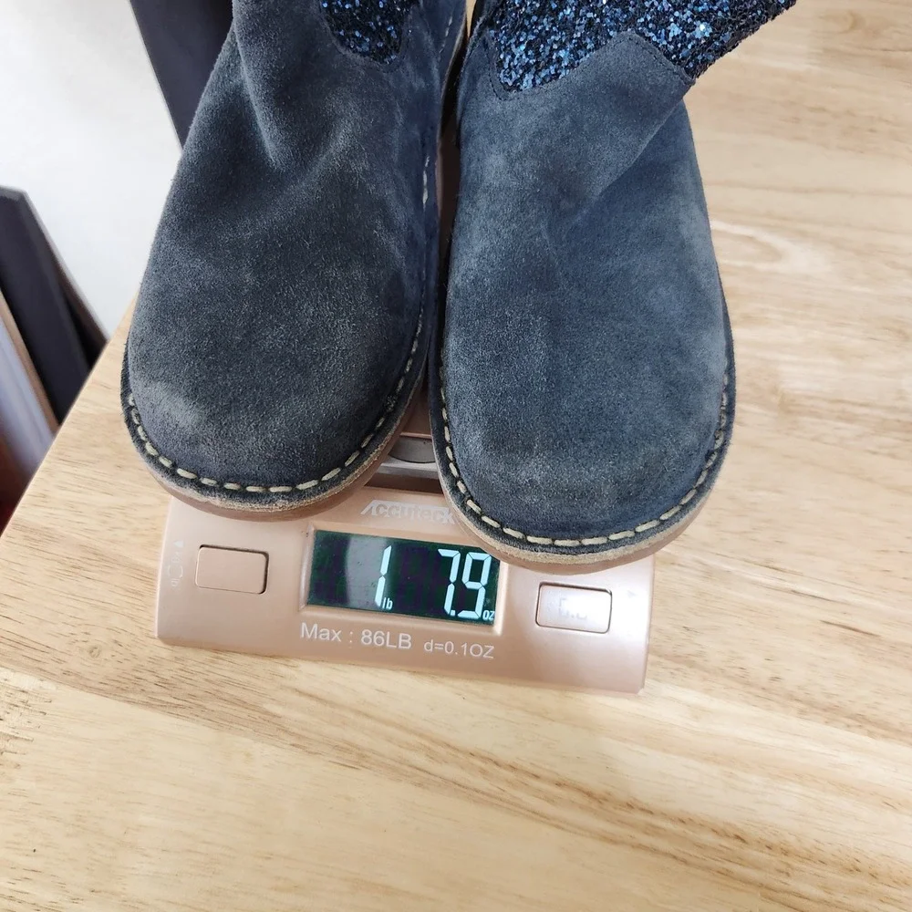 Mini Boden Kids Navy Blue Suede Glitter Faux Fur Lined Boots Size 38